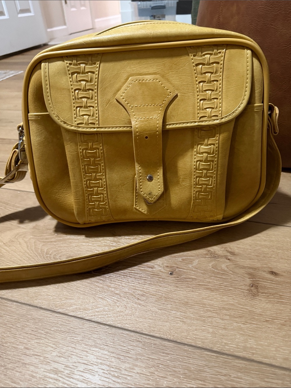 American Tourister Mustard Yellow Crossbody Bag with Woven Detail